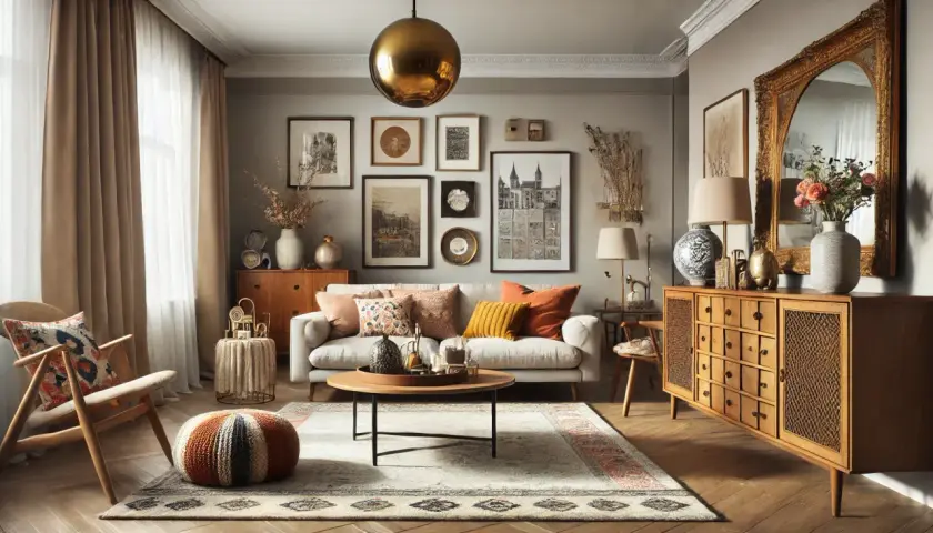 Ein gemütliches Wohnzimmer, das modern und alt kombiniert. Ein bequemes Sofa mit vielen Kissen, ein runder Couchtisch und ein Teppich laden zum Verweilen ein.