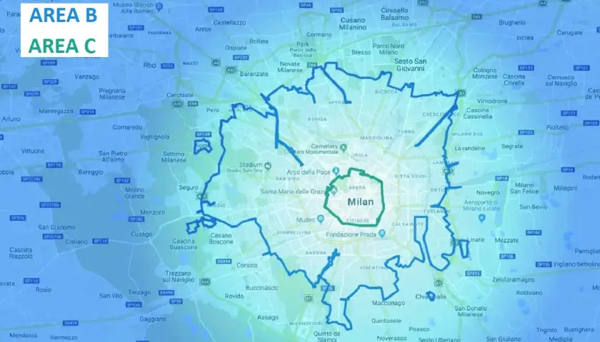 Circolazione euro 5 diesel fino a quando? La mappa mostra le aree B e C di Milano, con i confini delle zone a traffico limitato.