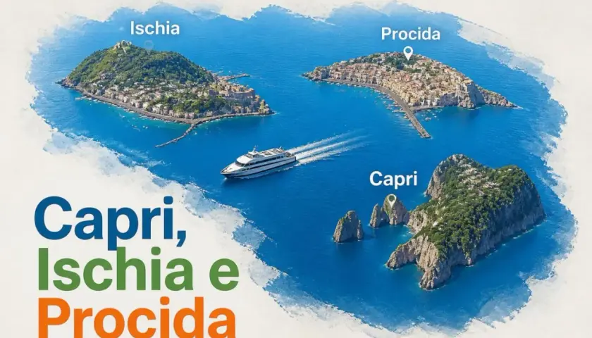 Vue aérienne des îles de Capri, Ischia et Procida dans la baie de Naples. Un bateau navigue entre elles.