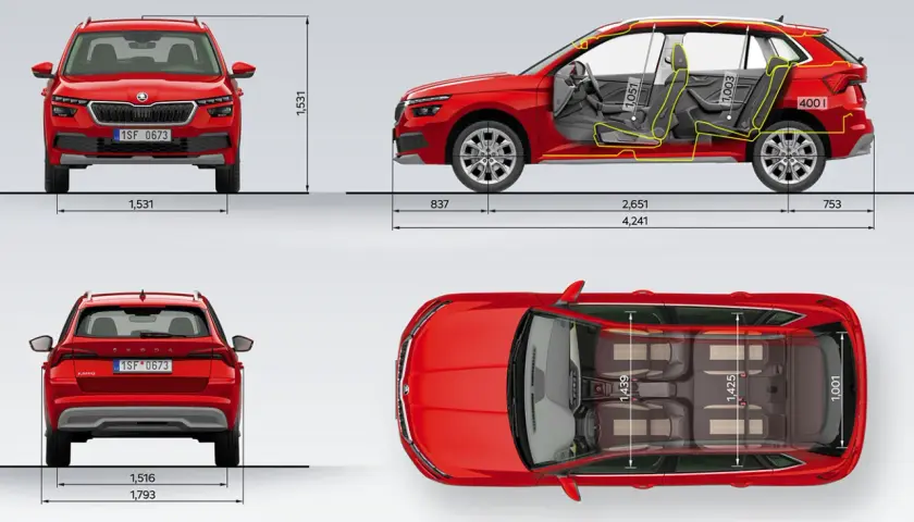 Szczegółowe skoda kamiq wymiary: wysokość 1531 mm, szerokość 1793 mm, długość 4241 mm. Wnętrze oferuje 1051 mm przestrzeni nad głową z przodu i 1003 mm z tyłu.