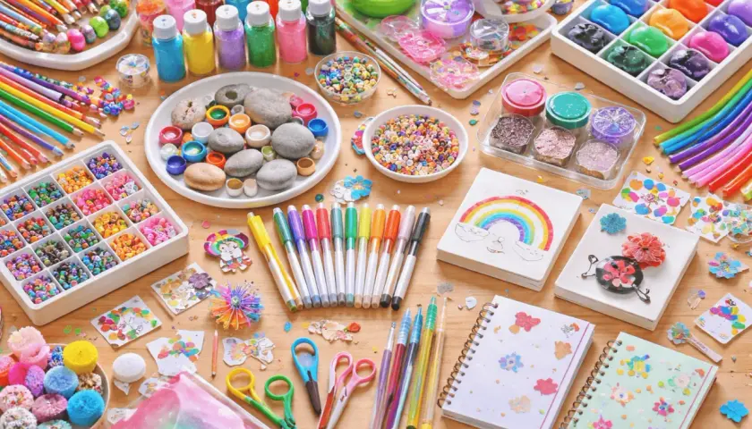 Bunte Bastelmaterialien für kindergeburtstag kreativ: Stifte, Perlen, Glitzer, Steine und Notizbücher laden zum Gestalten ein.
