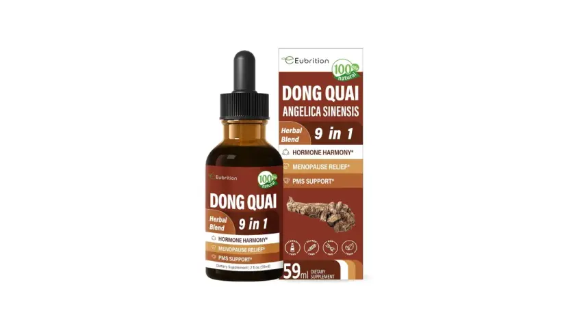 Frasco de tintura de Dong Quai, un suplemento herbal 9 en 1 para el equilibrio hormonal, alivio de la menopausia y apoyo para el SPM.