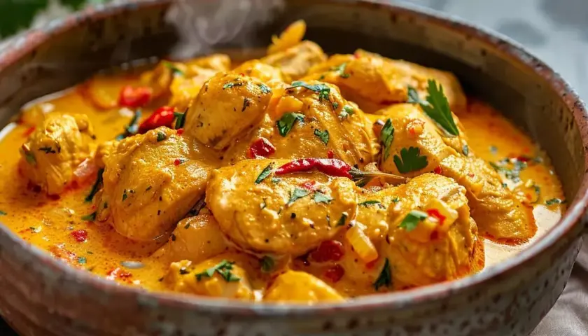 En närbild av en krämig kyckling curry gryta med bitar av kyckling, chili och persilja i en rustik skål.