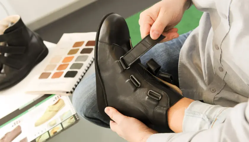 Mann passt orthopädische Schuhe an. Materialmuster und Schuhkatalog liegen bereit. Die orthopädische schuhe kosten sind hier ein wichtiges Thema.