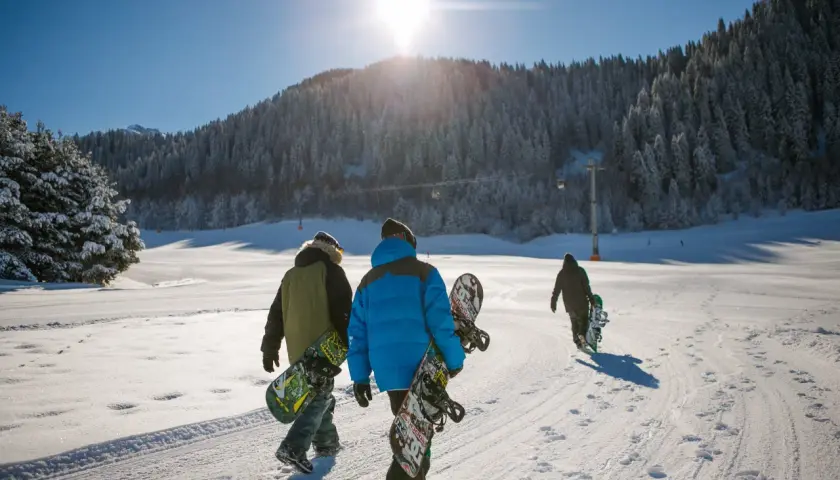 Trzech narciarzy idzie po śniegu z deskami snowboardowymi. Słońce świeci jasno nad ośnieżonym lasem. Idealny dzień na naukę jazdy na snowboardzie dla początkujących.