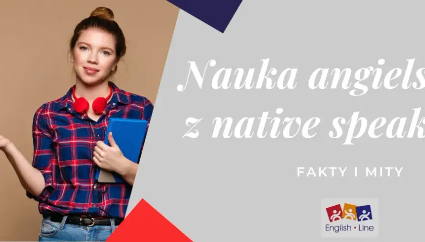 Młoda kobieta z flagą Wielkiej Brytanii i książką. Napis: Nauka angielskiego z native speakerem.