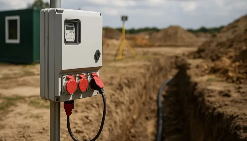 Skrzynka z gniazdami elektrycznymi na budowie, obok wykopu z kablem.