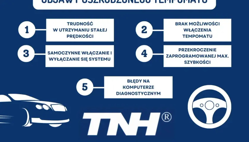 Objawy uszkodzonego tempomatu: trudność w utrzymaniu prędkości, brak możliwości włączenia, samoczynne włączanie/wyłączanie, przekroczenie max. prędkości, błędy diagnostyczne.