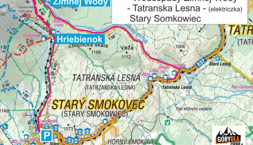 Mapa turystyczna Tatr: stary smokowiec, Hrebienok, Wodospady Zimnej Wody, Tatranská Lesná. Trasy piesze i czas przejścia.
