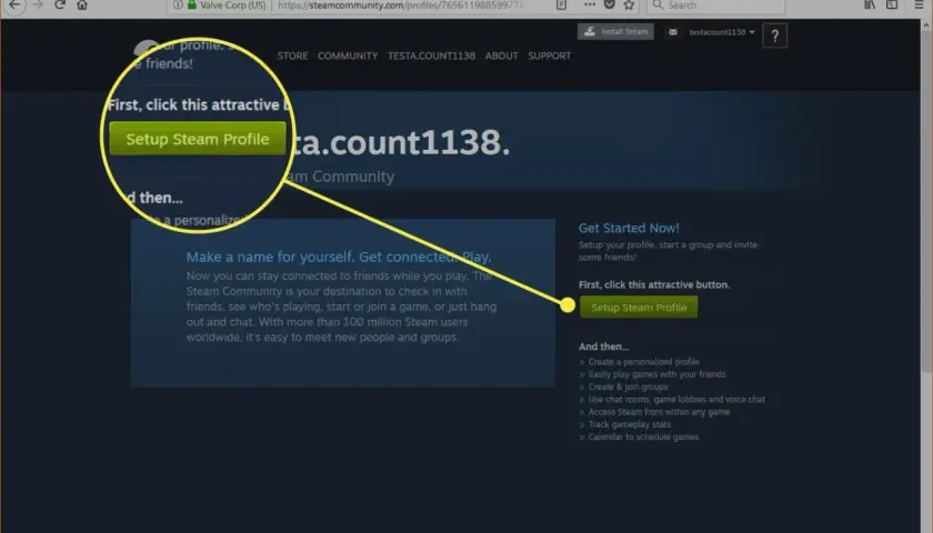 Jak utworzyć konto na Steam? Kliknij "Setup Steam Profile", aby zacząć personalizować swój profil i grać ze znajomymi.