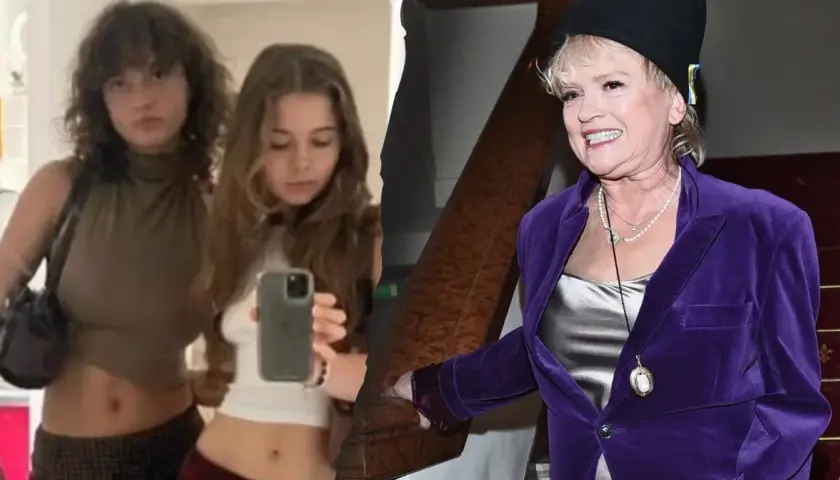 Katarzyna Figura z córkami, młodymi kobietami w modnych stylizacjach. Obok uśmiechnięta aktorka w fioletowym żakiecie.