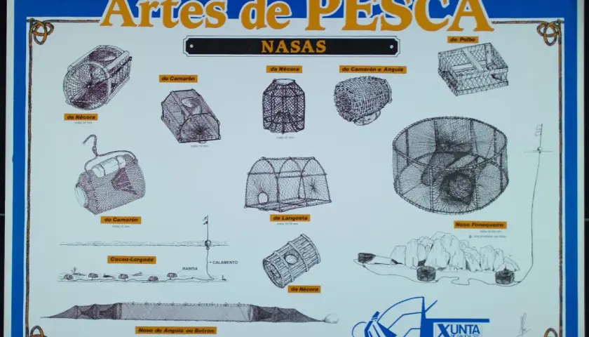 Ilustraciones de diversos tipos de nasas de pesca, como las de nécora, camarón, pulpo, langosta y anguila, mostrando sus diseños y mallas.