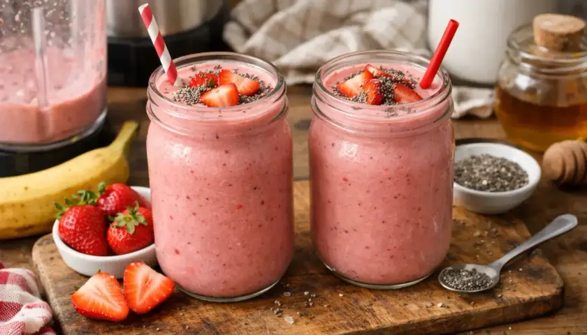 Deux jolis pots de smoothie fraise, garnis de fruits frais et de graines de chia. Un délice fruité prêt à être dégusté !