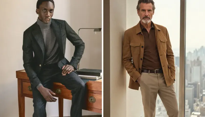 Dos hombres con estilo business casual. Uno viste traje gris y cuello alto, el otro chaqueta marrón y polo.