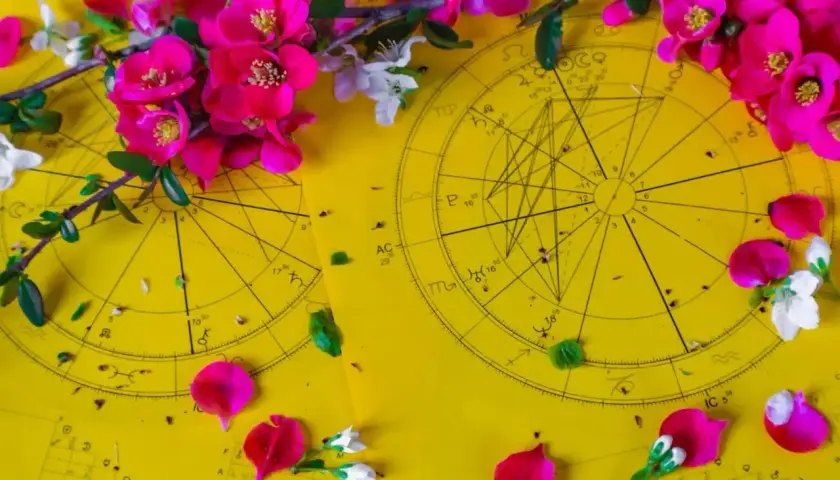 Kwiaty wiśni i płatki zdobią żółte wykresy astrologiczne, sugerując horoskop tygodniowy dla Byka.
