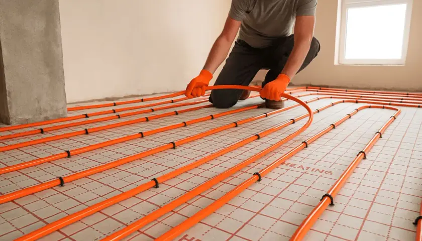 Instalator układa pomarańczowe rury systemu ogrzewania podłogowego na specjalnych panelach.