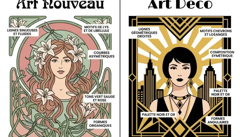 Comparaison entre l'Art Nouveau (femme aux libellules, formes organiques) et l'Art Déco (femme stylisée, lignes géométriques, motif chevron).