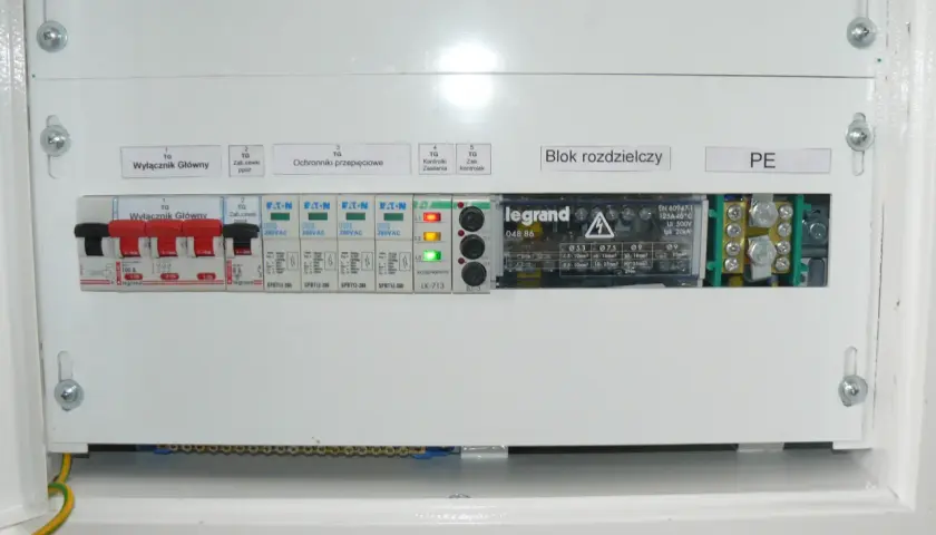 Zabezpieczenie kontrolek faz w rozdzielnicy elektrycznej. Widoczne wyłączniki, ochronniki przepięciowe i blok rozdzielczy.