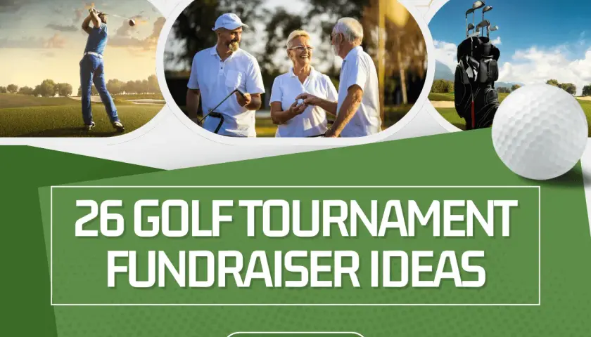 Golf tournament fundraiser ideas: a golfer swings, friends chat, and a golf bag stands ready.