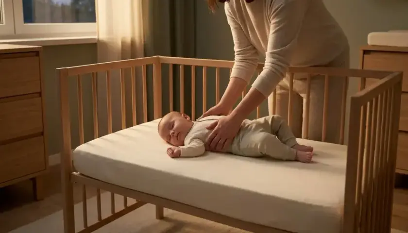 Mama delikatnie kładzie śpiące dziecko do łóżeczka, ucząc je samodzielnego zasypiania.