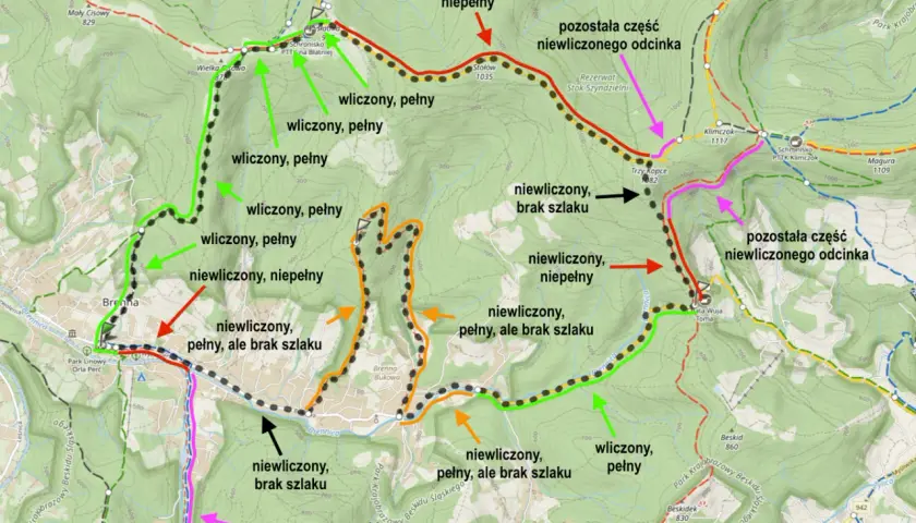 Planowanie trasy w górach: zielone linie oznaczają wliczone, pełne szlaki, pomarańczowe i czerwone – niewliczone, z brakami lub niepełne.
