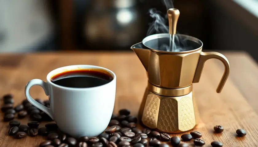 Dampf steigt aus einer goldenen Mokkakanne neben einer Tasse Kaffee und Kaffeebohnen. Ein Genuss für Liebhaber von Mokka vs. Espresso.