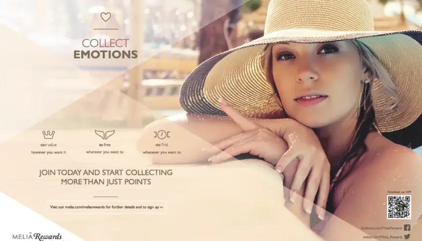 Mujer con sombrero de paja disfruta del sol, invitando a coleccionar emociones con MeliáRewards.
