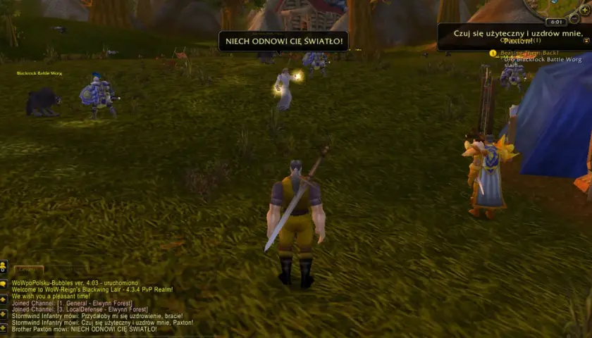 Gracz w grze WoW, z polskim dodatkiem "wow po polsku addon", otrzymuje wiadomość: "NIECH ODNOWI CIĘ ŚWIATŁO!".