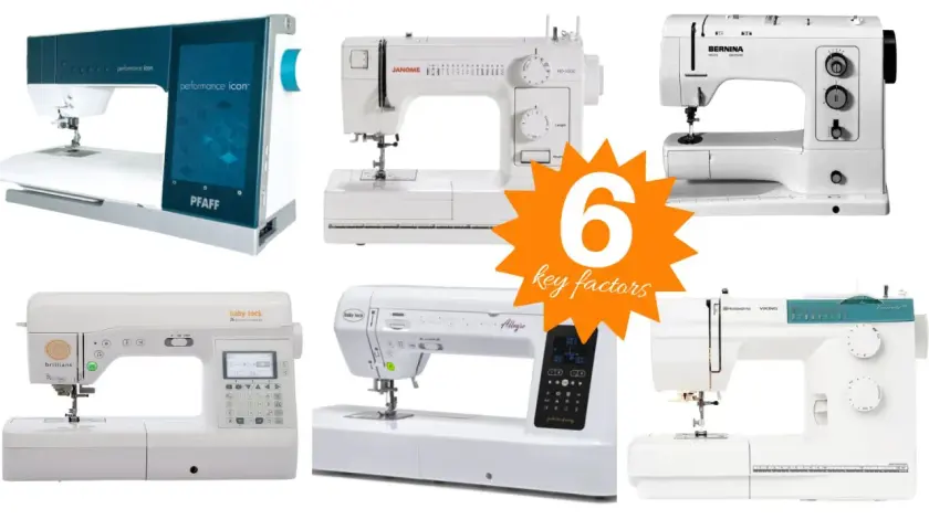 Six sewing machines from brands like Pfaff, Janome, and Bernina are shown, illustrating key factors for how to buy a sewing machine.
