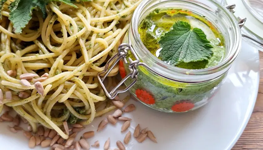 Makaron z domowym pesto z pokrzywy, ozdobiony świeżymi liśćmi i pestkami słonecznika. Pesto w słoiczku wygląda apetycznie.