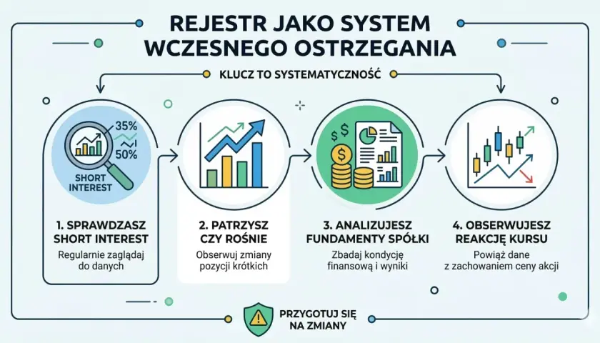 Schemat analizy pozycji krótkich: sprawdź short interest, obserwuj jego wzrost, analizuj fundamenty spółki i reakcję kursu.