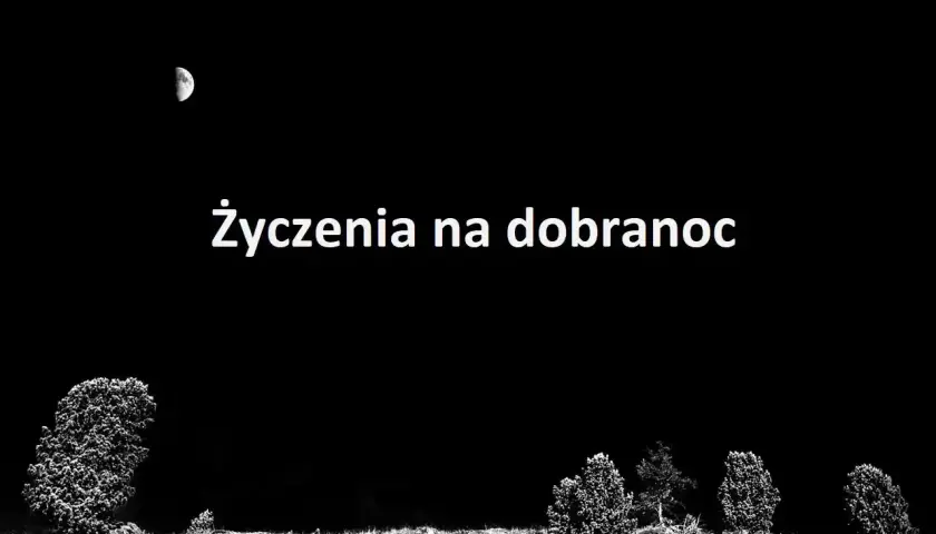 Księżyc nad nocnym krajobrazem. Tekst: "Życzenia na dobranoc". Czas na spokojny sen.