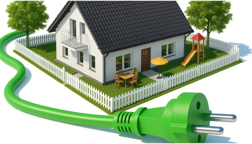 Zielony kabel z wtyczką otacza dom z placem zabaw. To symbol magazynu ciepła i ekologicznej energii dla domu.