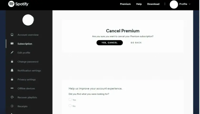 Potwierdzenie rezygnacji z Spotify Premium. Kliknij "YES, CANCEL", aby zakończyć subskrypcję.