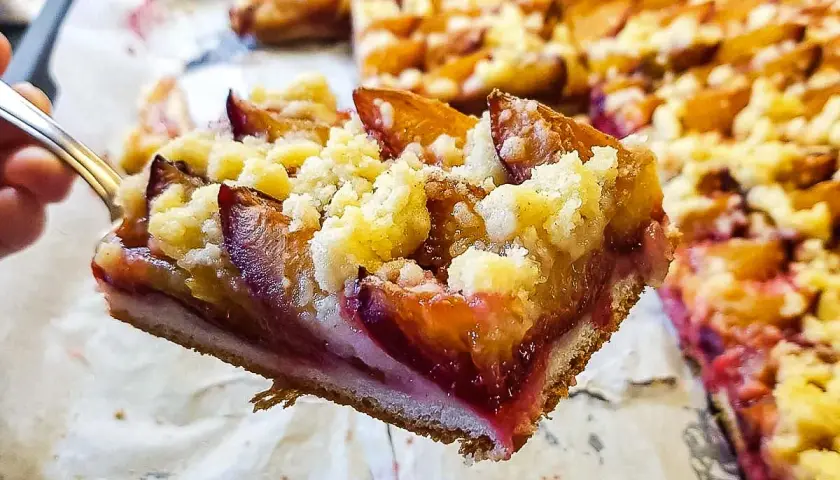 Ein Stück saftiger Zwetschgenkuchen mit Streuseln auf Hefeteig. Perfekt für das nächste Blech.