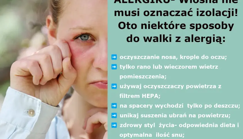 Dziewczyna z zaczerwienionym okiem, cierpiąca na alergię na pyłki. Wiosna nie musi oznaczać izolacji! Oto sposoby na walkę z alergią.