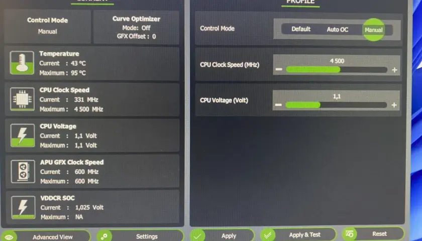 AMD Ryzen Master pokazuje ustawienia profilu CPU, w tym undervolting CPU poprzez obniżenie napięcia do 1,1V.