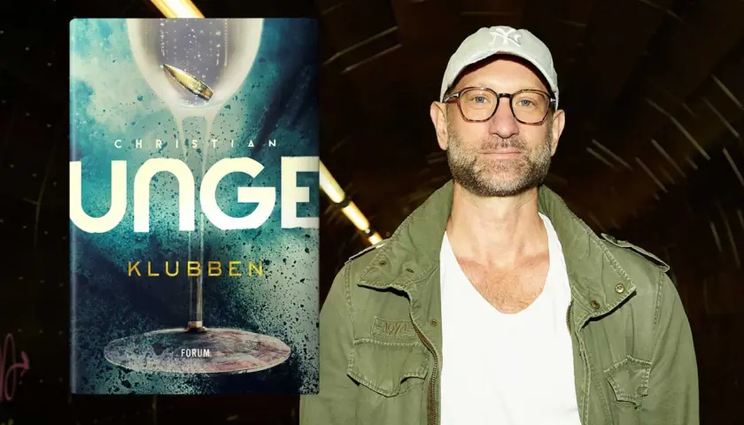 Christian Unge, författare till "Klubben", med en bokomslag som visar en kula i ett glas.
