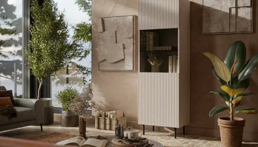 Elegante vetrinetta in cartongesso con ripiani a vista, libri e un busto. Accanto, un ficus e un quadro astratto completano l'arredo.