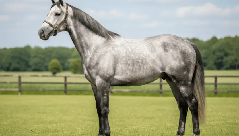 Magnifique cheval anglo arabe gris pommelé, fier et élégant, se tient dans un pré verdoyant sous un ciel bleu.