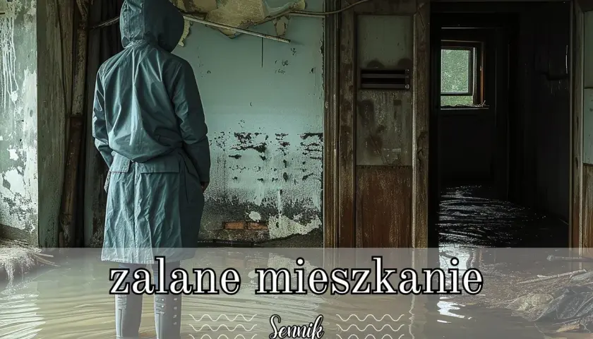 Osoba w płaszczu stoi w zalanej piwnicy. Woda sięga do kolan, a ściany są zniszczone. To symboliczny obraz, jakby sen o zalanej piwnicy.