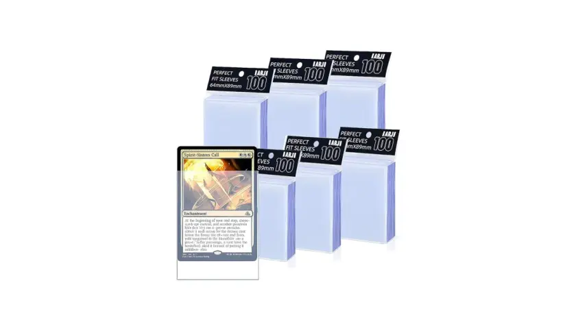 A Magic: The Gathering card, "Spirit-Sisters Call," is shown next to several stacks of clear, perfect fit card sleeves.