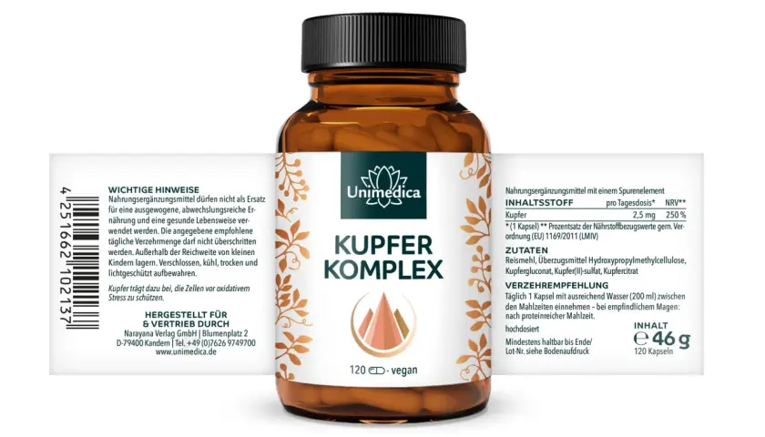 Flasche mit Kupfer Komplex Kapseln. Kupfer unterstützt den Schutz der Zellen vor oxidativem Stress. Täglich 1 Kapsel einnehmen.
