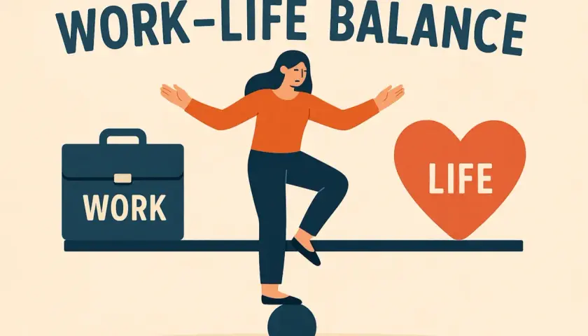 Ilustracja symbolizująca work-life balance: kobieta balansuje na kuli, między teczką "WORK" a sercem "LIFE".