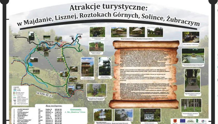 Mapa turystyczna z atrakcjami w okolicach Majdanu koło Cisnej, m.in. wieże widokowe, zabytki i szlaki.
