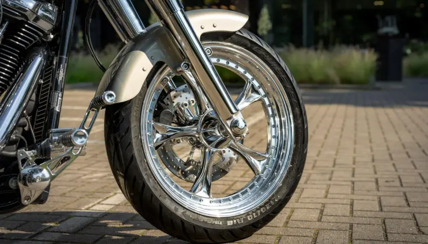Dettaglio di una ruota cromata di moto. Scopri come pulire i cerchi della moto per mantenerli brillanti.