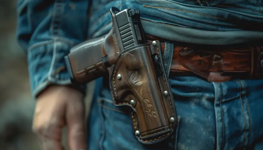 Pistolet w skórzanej kaburze na pasie, gotowy do użycia. Opłata za pozwolenie na broń to koszt legalnego posiadania.