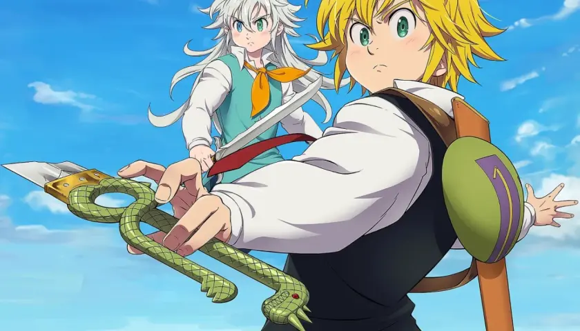 Meliodas i Zeldris z "Siedmiu Grzechów" gotowi do walki pod błękitnym niebem.