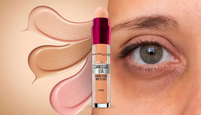 Correttore Maybelline per un trucco sotto gli occhi impeccabile. Diverse tonalità di fondotinta e un occhio che mostra la sua efficacia.