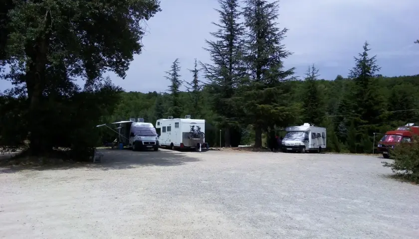 Aire de camping-car dans les Gorges du Verdon. Plusieurs camping-cars stationnés sous les arbres, prêts pour l'aventure.